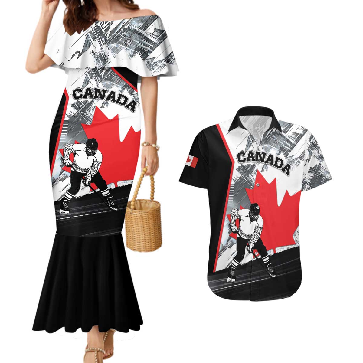 Canada Hockey Couples Matching Mermaid Dress and Hawaiian Shirt Maple Leaf Sport Style