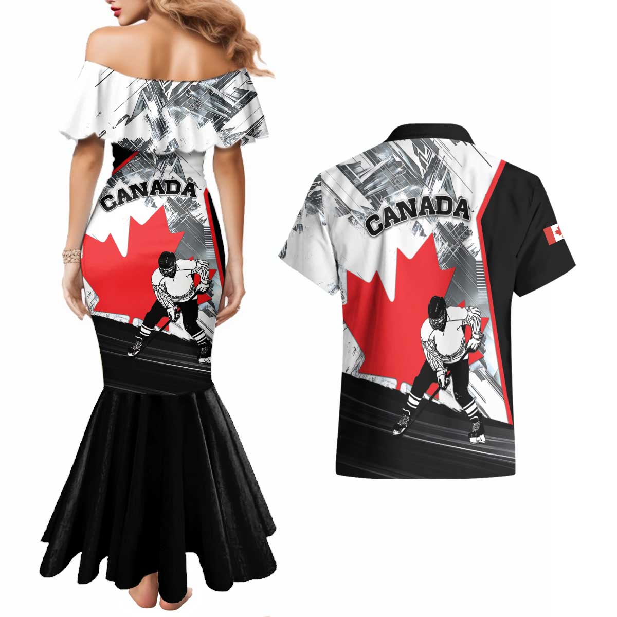 Canada Hockey Couples Matching Mermaid Dress and Hawaiian Shirt Maple Leaf Sport Style