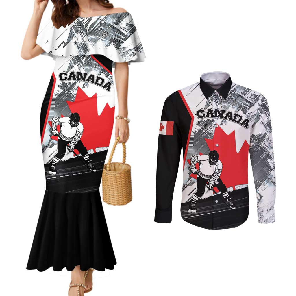 Canada Hockey Couples Matching Mermaid Dress and Long Sleeve Button Shirt Maple Leaf Sport Style