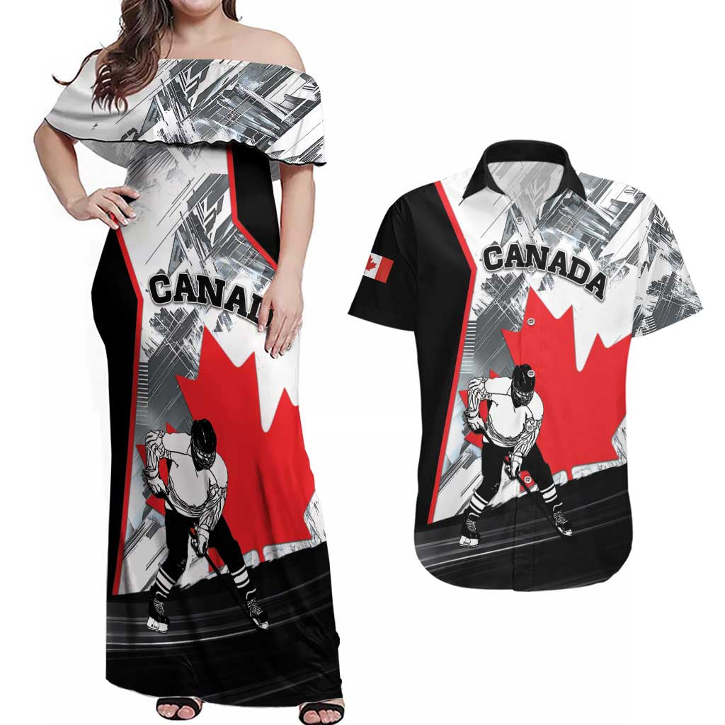Canada Hockey Couples Matching Off Shoulder Maxi Dress and Hawaiian Shirt Maple Leaf Sport Style