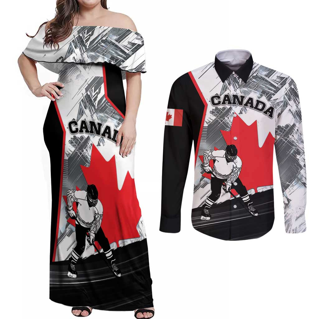 Canada Hockey Couples Matching Off Shoulder Maxi Dress and Long Sleeve Button Shirt Maple Leaf Sport Style