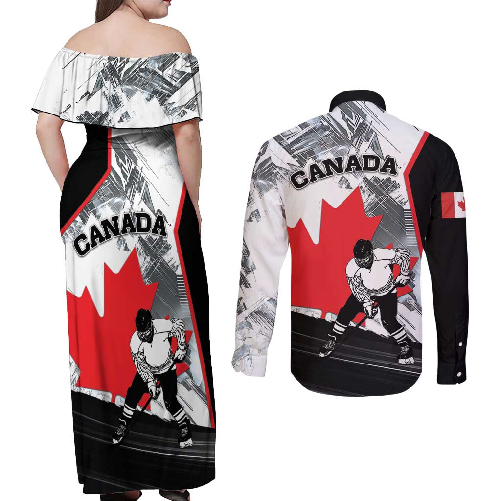 Canada Hockey Couples Matching Off Shoulder Maxi Dress and Long Sleeve Button Shirt Maple Leaf Sport Style