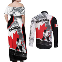 Canada Hockey Couples Matching Off Shoulder Maxi Dress and Long Sleeve Button Shirt Maple Leaf Sport Style