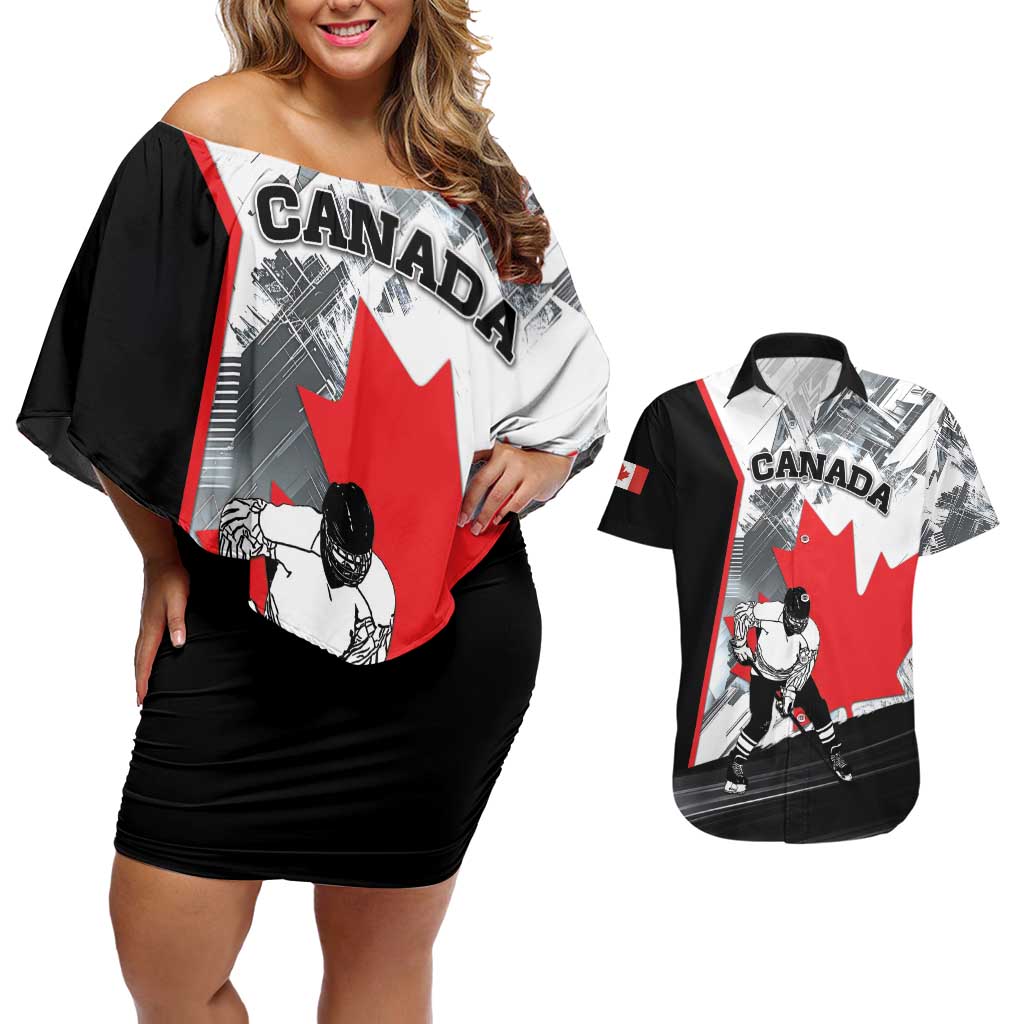 Canada Hockey Couples Matching Off Shoulder Short Dress and Hawaiian Shirt Maple Leaf Sport Style