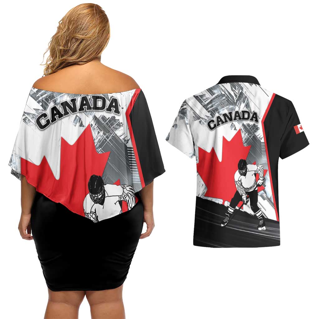 Canada Hockey Couples Matching Off Shoulder Short Dress and Hawaiian Shirt Maple Leaf Sport Style