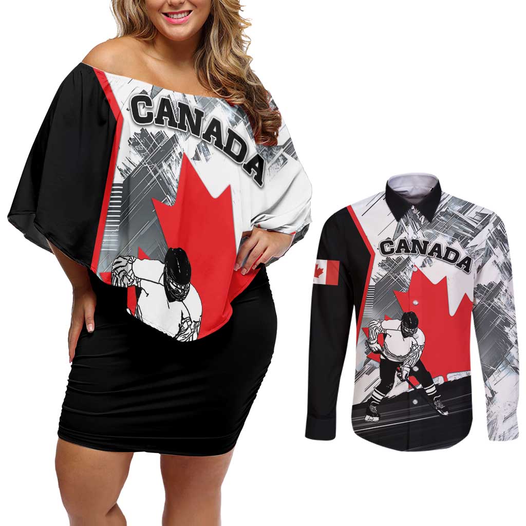 Canada Hockey Couples Matching Off Shoulder Short Dress and Long Sleeve Button Shirt Maple Leaf Sport Style
