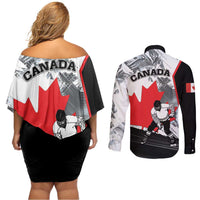 Canada Hockey Couples Matching Off Shoulder Short Dress and Long Sleeve Button Shirt Maple Leaf Sport Style
