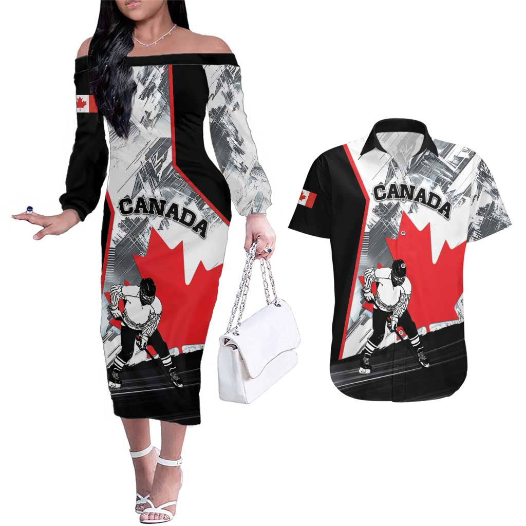 Canada Hockey Couples Matching Off The Shoulder Long Sleeve Dress and Hawaiian Shirt Maple Leaf Sport Style
