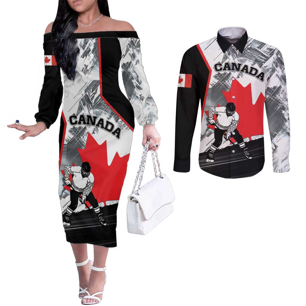 Canada Hockey Couples Matching Off The Shoulder Long Sleeve Dress and Long Sleeve Button Shirt Maple Leaf Sport Style