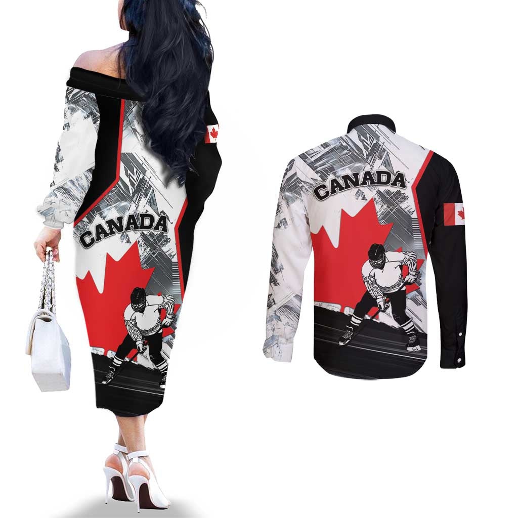 Canada Hockey Couples Matching Off The Shoulder Long Sleeve Dress and Long Sleeve Button Shirt Maple Leaf Sport Style
