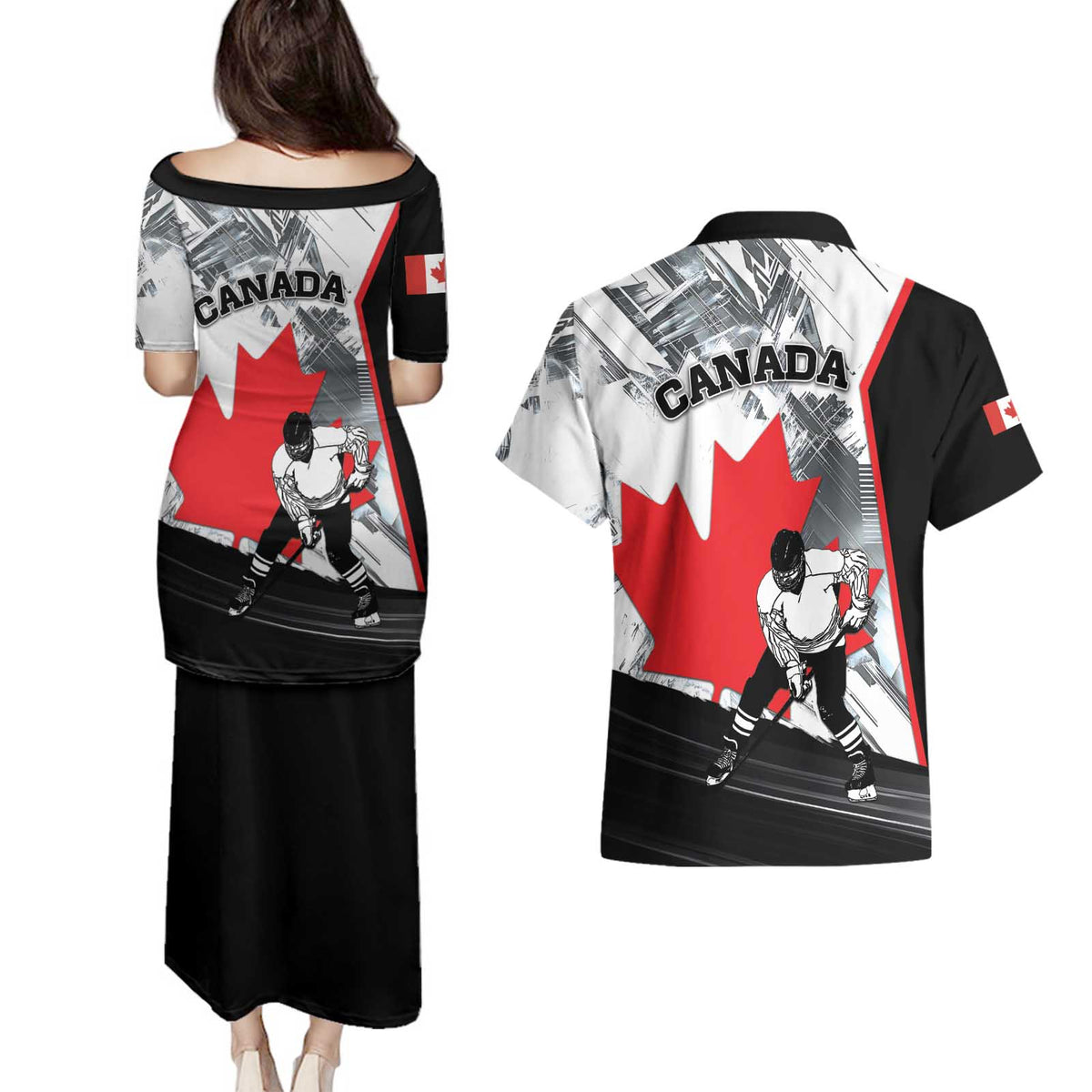Canada Hockey Couples Matching Puletasi and Hawaiian Shirt Maple Leaf Sport Style