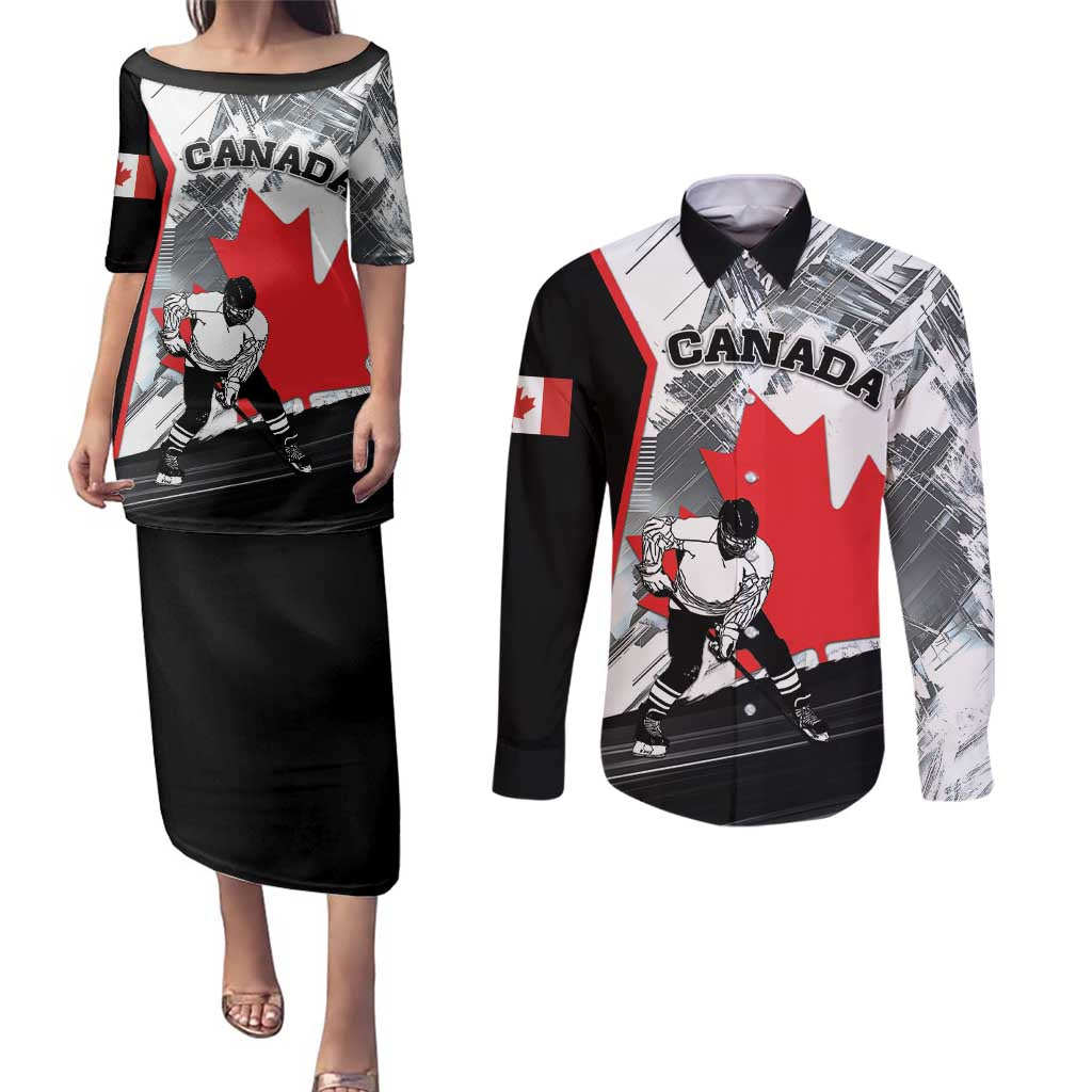 Canada Hockey Couples Matching Puletasi and Long Sleeve Button Shirt Maple Leaf Sport Style