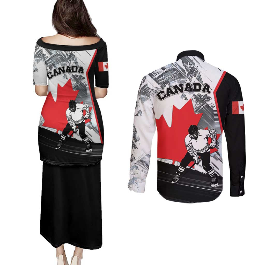 Canada Hockey Couples Matching Puletasi and Long Sleeve Button Shirt Maple Leaf Sport Style