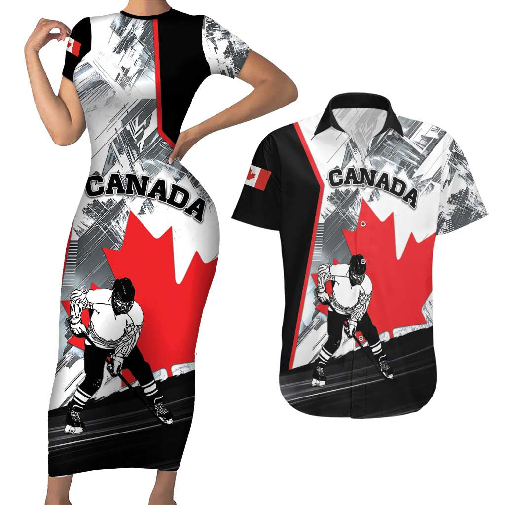 Canada Hockey Couples Matching Short Sleeve Bodycon Dress and Hawaiian Shirt Maple Leaf Sport Style