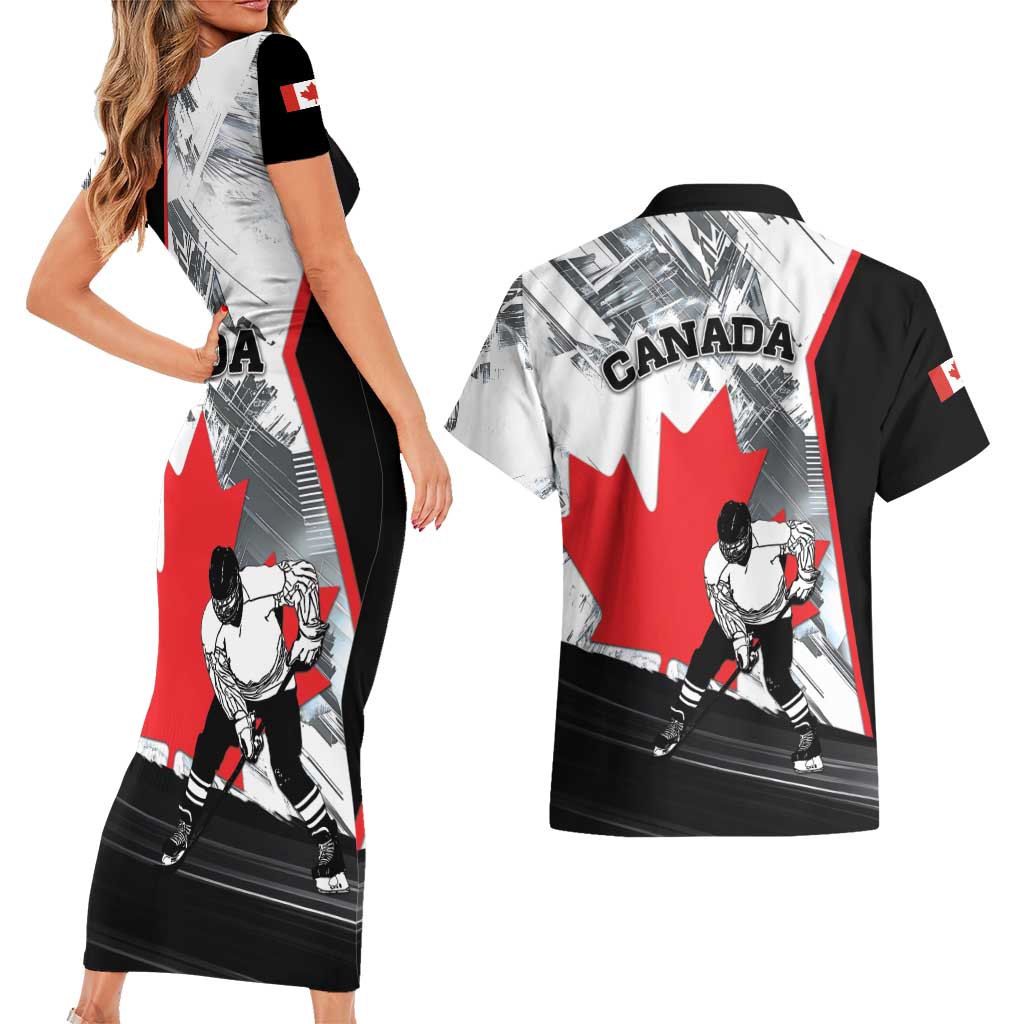Canada Hockey Couples Matching Short Sleeve Bodycon Dress and Hawaiian Shirt Maple Leaf Sport Style