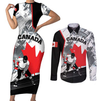 Canada Hockey Couples Matching Short Sleeve Bodycon Dress and Long Sleeve Button Shirt Maple Leaf Sport Style