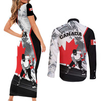 Canada Hockey Couples Matching Short Sleeve Bodycon Dress and Long Sleeve Button Shirt Maple Leaf Sport Style