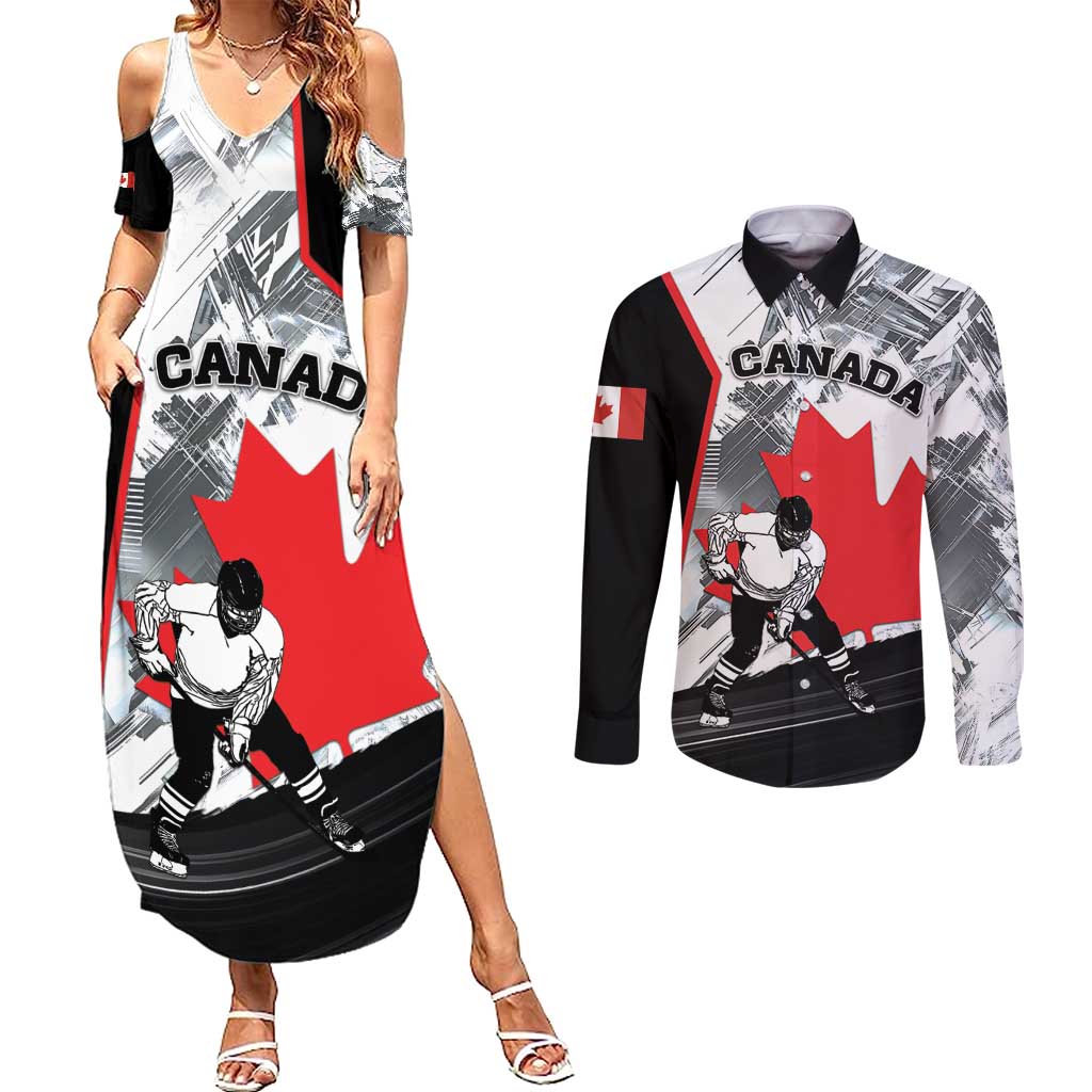 Canada Hockey Couples Matching Summer Maxi Dress and Long Sleeve Button Shirt Maple Leaf Sport Style
