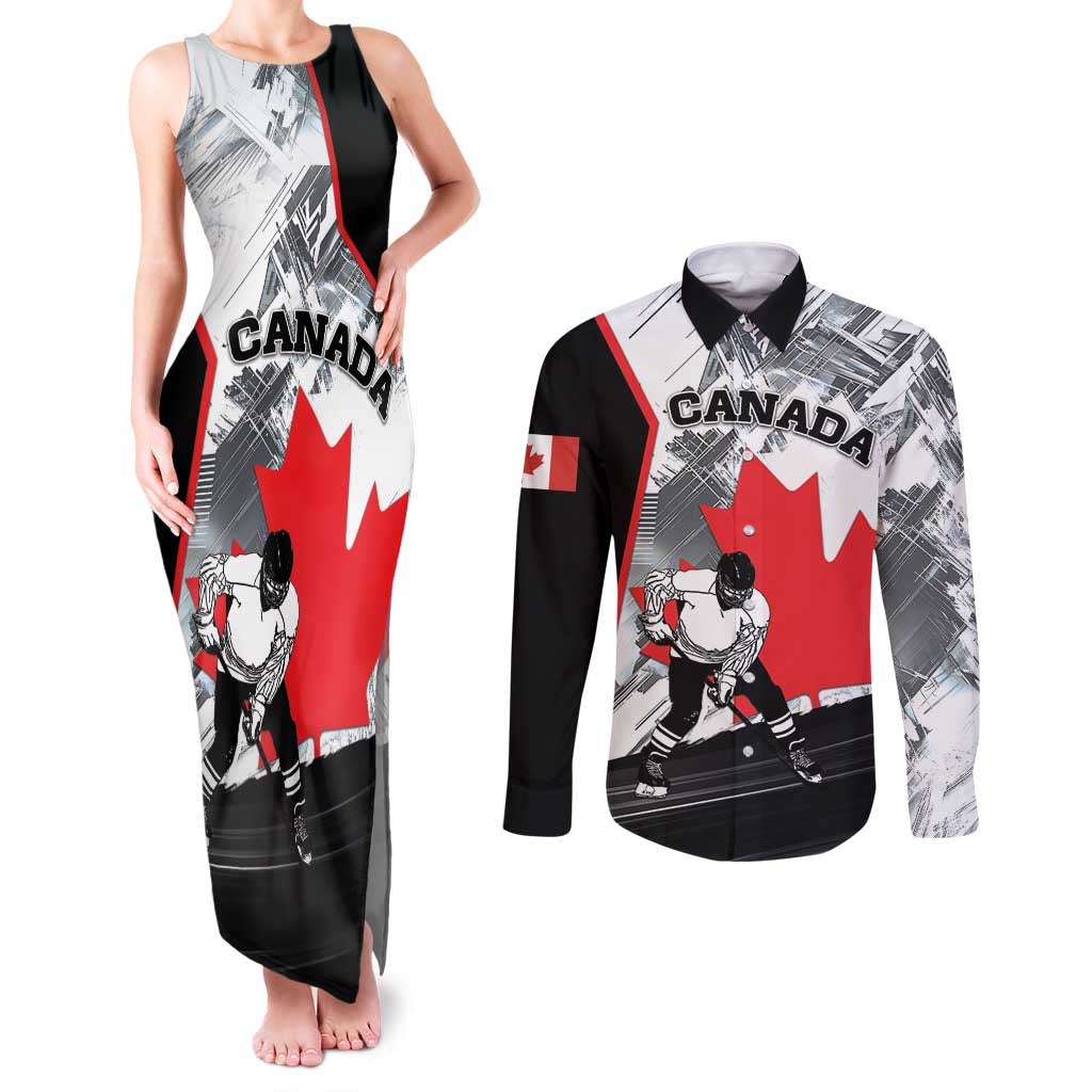Canada Hockey Couples Matching Tank Maxi Dress and Long Sleeve Button Shirt Maple Leaf Sport Style