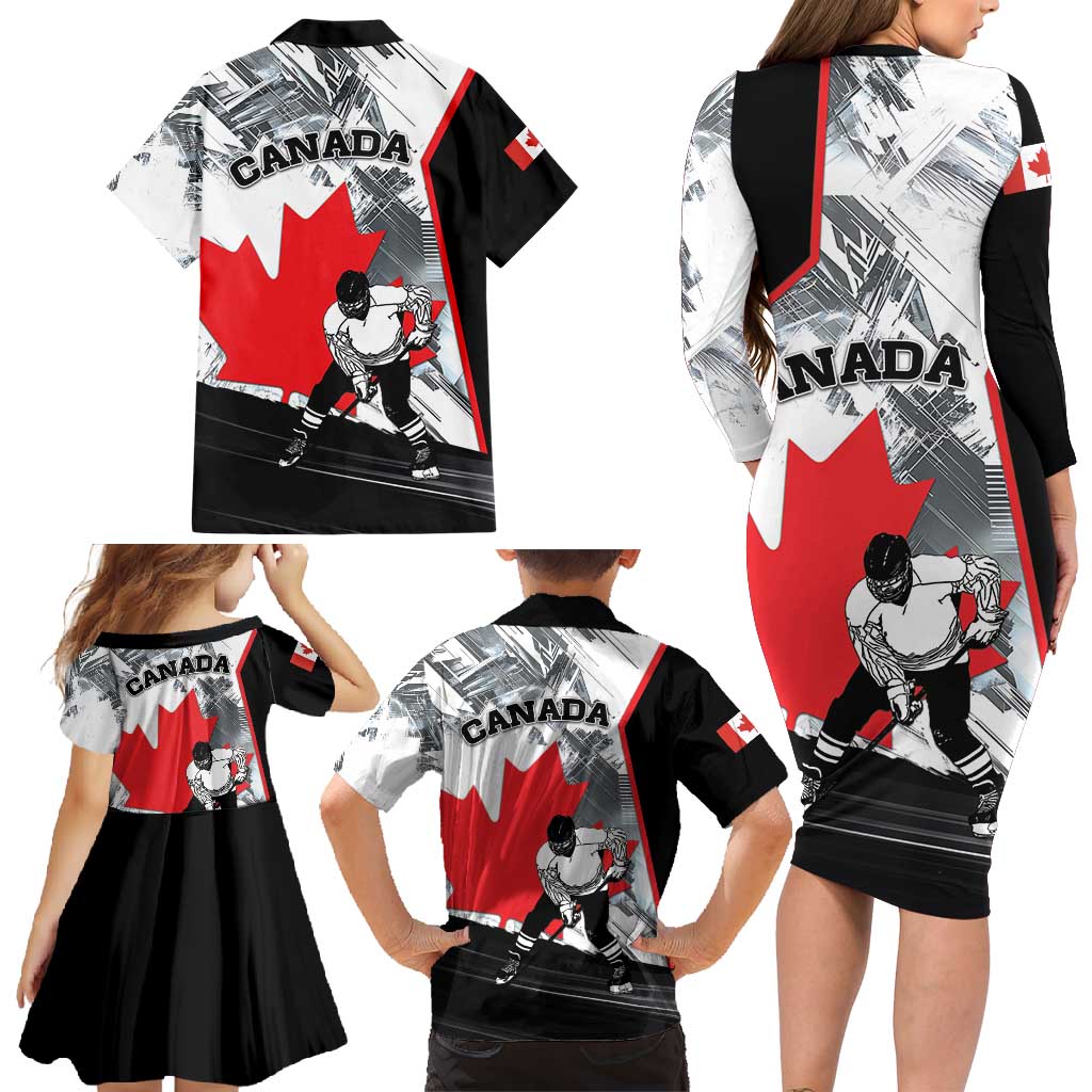 Canada Hockey Family Matching Long Sleeve Bodycon Dress and Hawaiian Shirt Maple Leaf Sport Style