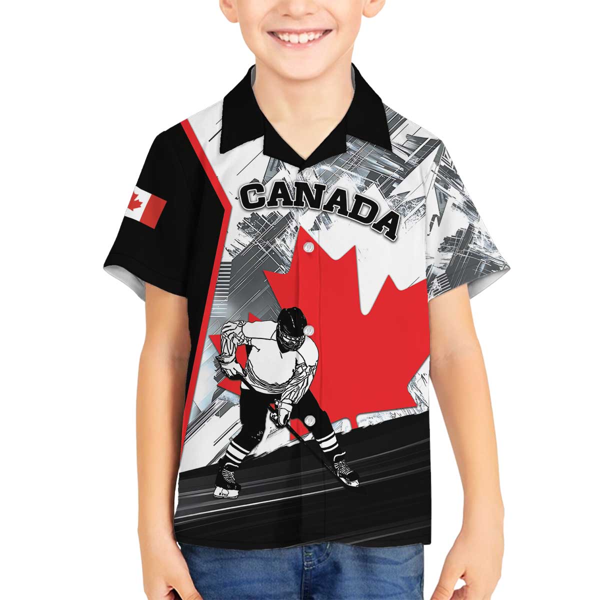 Canada Hockey Family Matching Off The Shoulder Long Sleeve Dress and Hawaiian Shirt Maple Leaf Sport Style