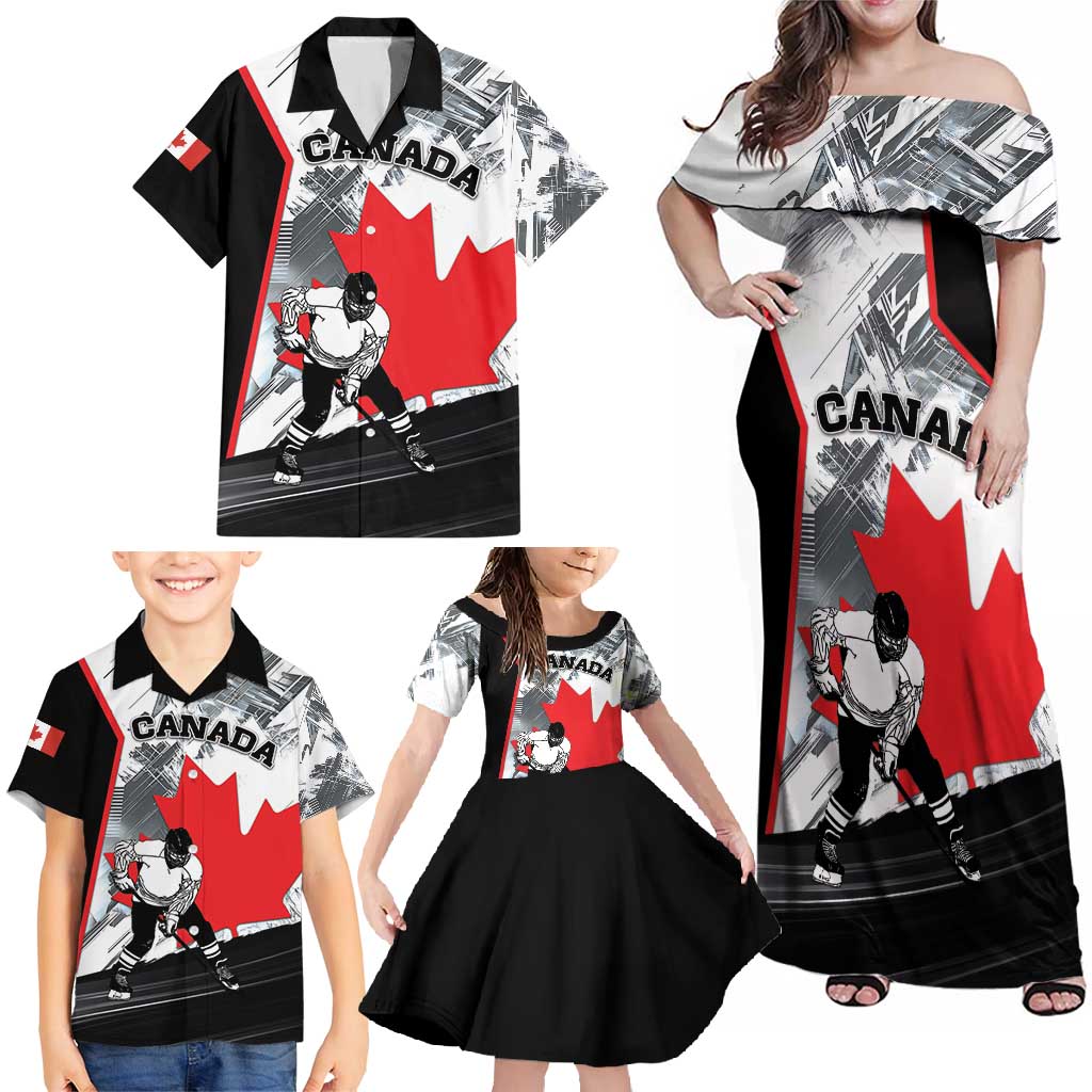 Canada Hockey Family Matching Off Shoulder Maxi Dress and Hawaiian Shirt Maple Leaf Sport Style
