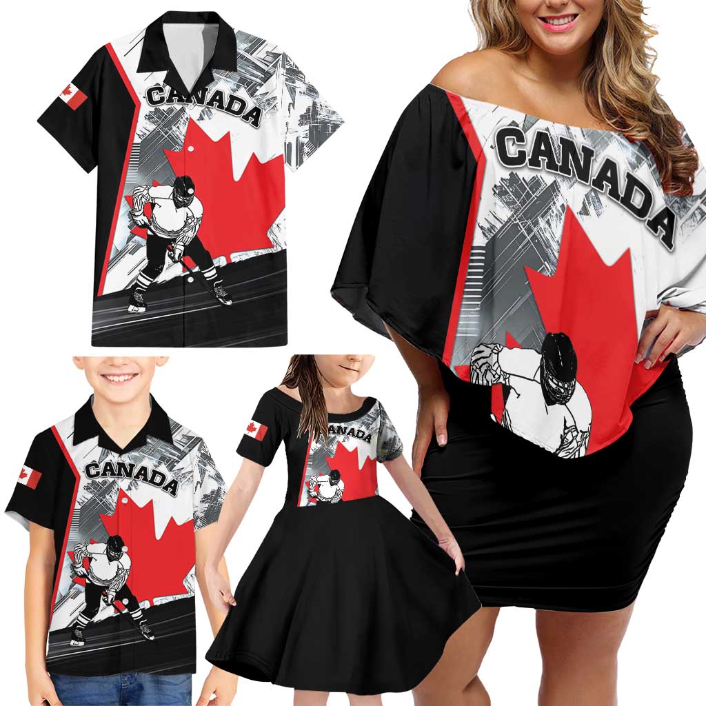 Canada Hockey Family Matching Off Shoulder Short Dress and Hawaiian Shirt Maple Leaf Sport Style