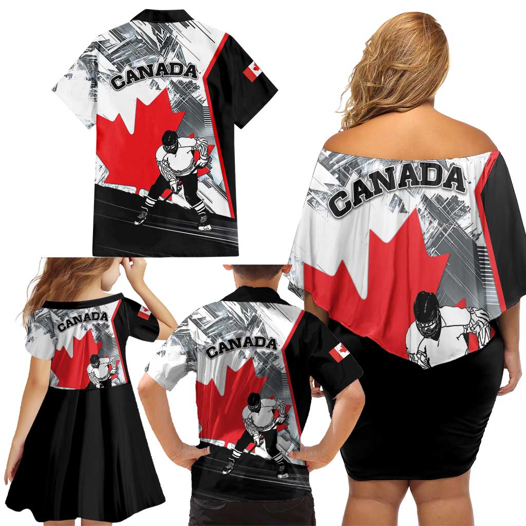 Canada Hockey Family Matching Off Shoulder Short Dress and Hawaiian Shirt Maple Leaf Sport Style