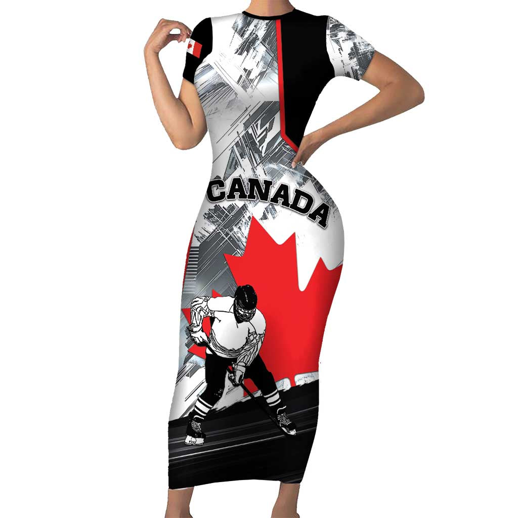 Canada Hockey Short Sleeve Bodycon Dress Maple Leaf Sport Style