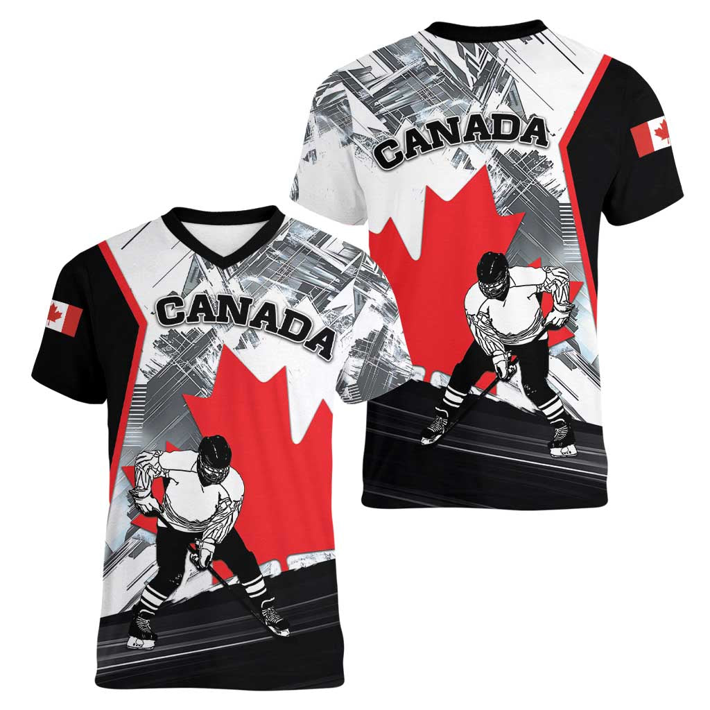 Canada Hockey Women V-Neck T-Shirt Maple Leaf Sport Style