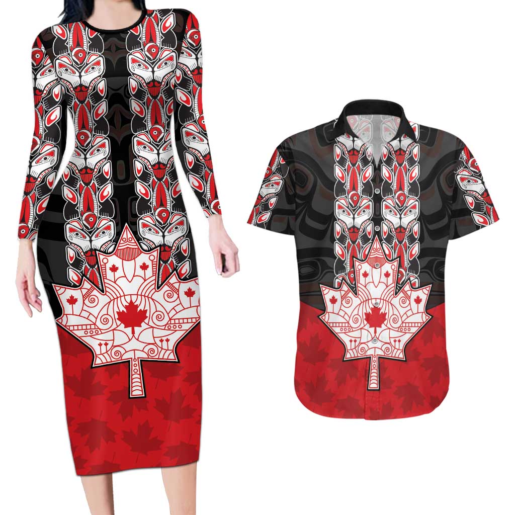 Personalised Canada Maple Leaf Couples Matching Long Sleeve Bodycon Dress and Hawaiian Shirt Haida Totem Inspired Art