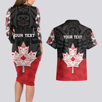 Personalised Canada Maple Leaf Couples Matching Long Sleeve Bodycon Dress and Hawaiian Shirt Haida Totem Inspired Art