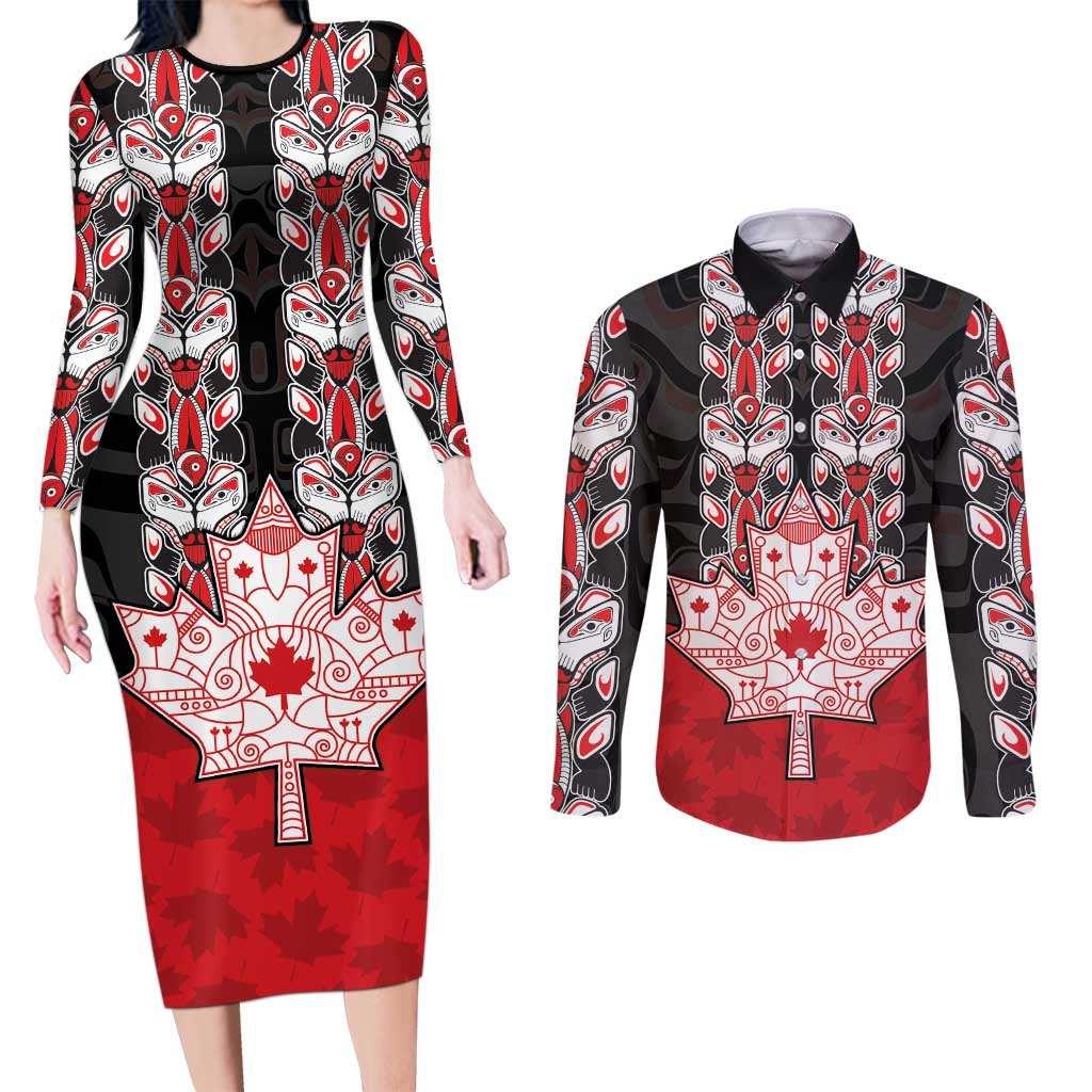 Personalised Canada Maple Leaf Couples Matching Long Sleeve Bodycon Dress and Long Sleeve Button Shirt Haida Totem Inspired Art