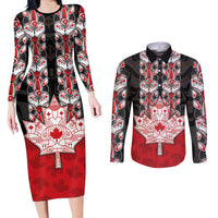 Personalised Canada Maple Leaf Couples Matching Long Sleeve Bodycon Dress and Long Sleeve Button Shirt Haida Totem Inspired Art