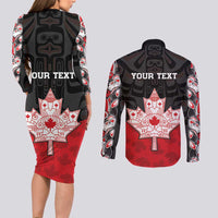 Personalised Canada Maple Leaf Couples Matching Long Sleeve Bodycon Dress and Long Sleeve Button Shirt Haida Totem Inspired Art