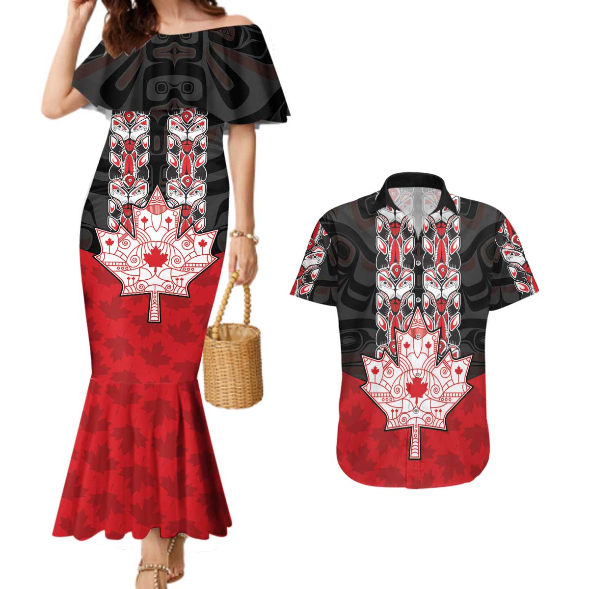 Personalised Canada Maple Leaf Couples Matching Mermaid Dress and Hawaiian Shirt Haida Totem Inspired Art
