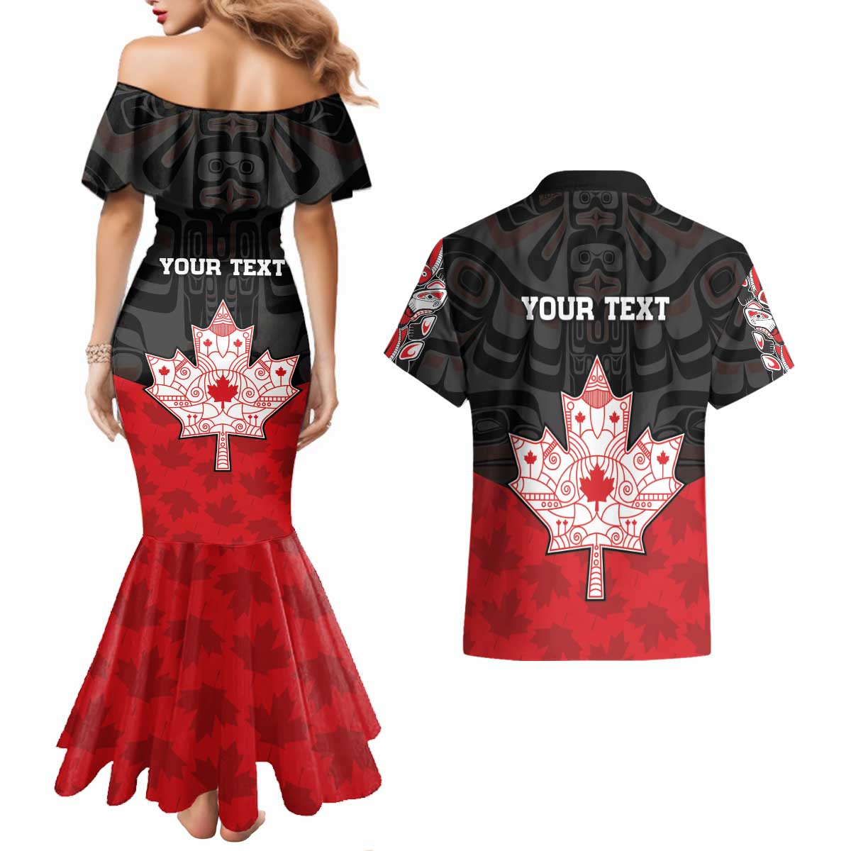 Personalised Canada Maple Leaf Couples Matching Mermaid Dress and Hawaiian Shirt Haida Totem Inspired Art