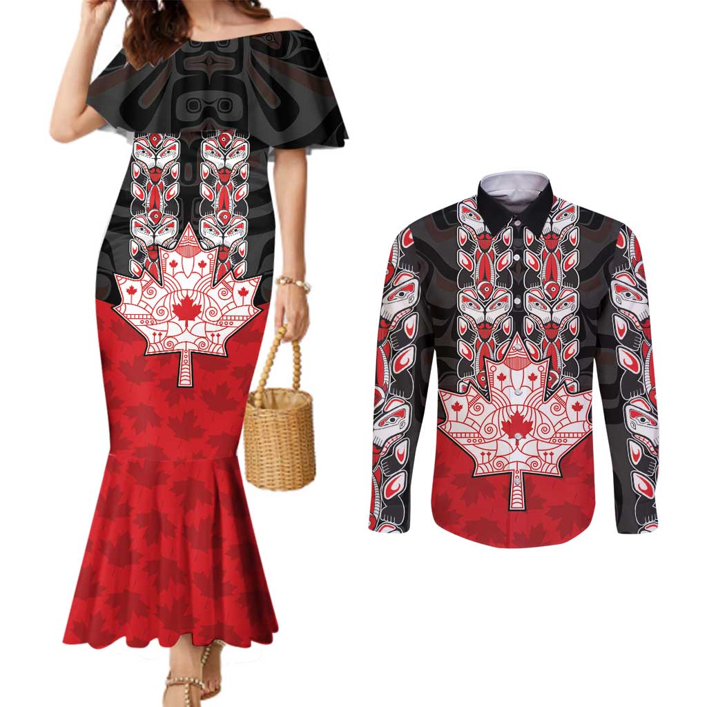 Personalised Canada Maple Leaf Couples Matching Mermaid Dress and Long Sleeve Button Shirt Haida Totem Inspired Art