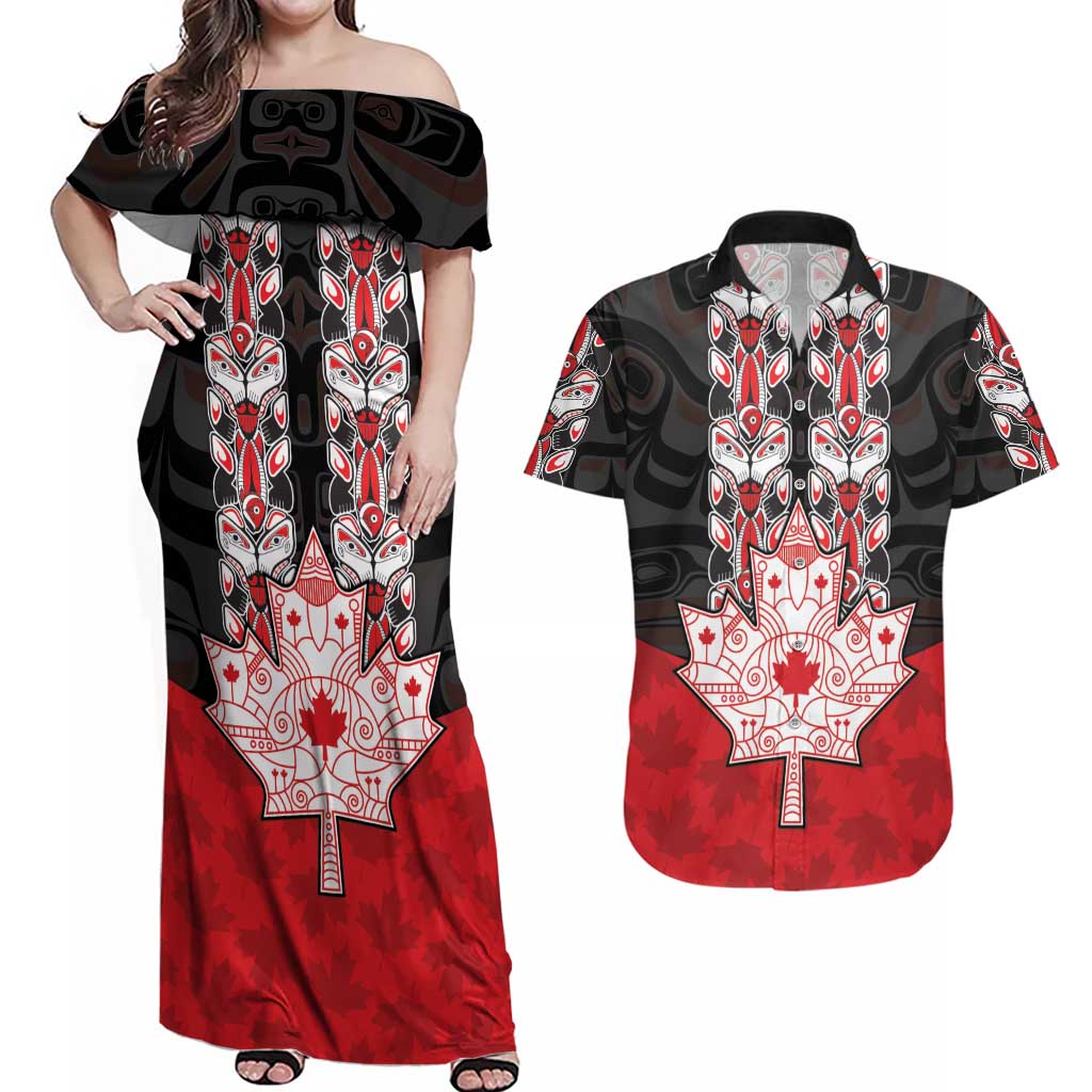 Personalised Canada Maple Leaf Couples Matching Off Shoulder Maxi Dress and Hawaiian Shirt Haida Totem Inspired Art
