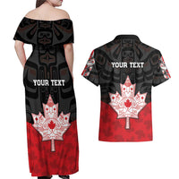 Personalised Canada Maple Leaf Couples Matching Off Shoulder Maxi Dress and Hawaiian Shirt Haida Totem Inspired Art