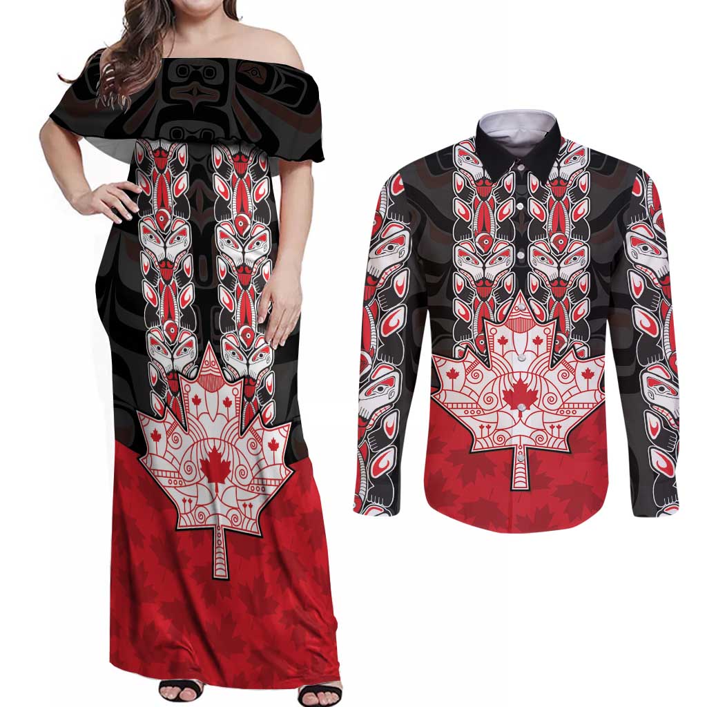 Personalised Canada Maple Leaf Couples Matching Off Shoulder Maxi Dress and Long Sleeve Button Shirt Haida Totem Inspired Art