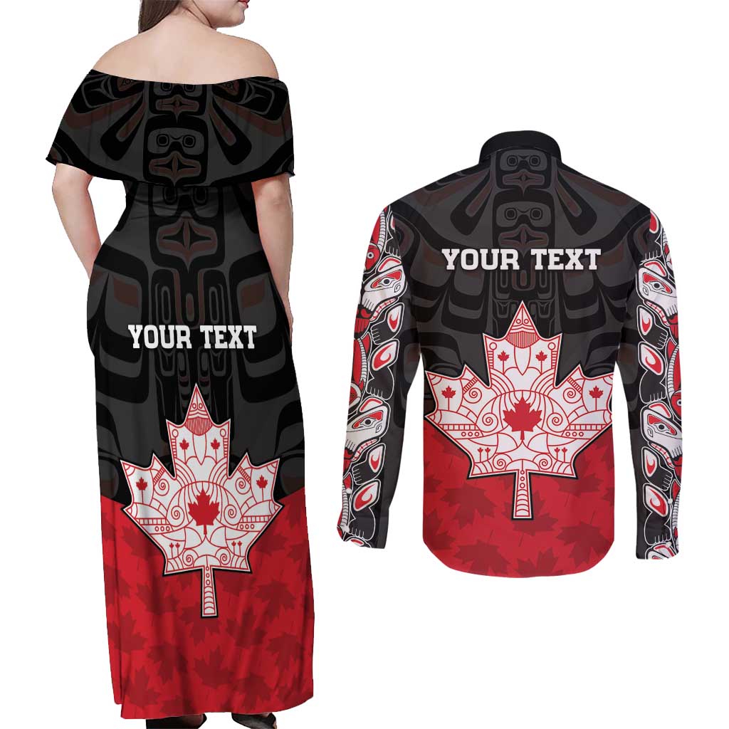 Personalised Canada Maple Leaf Couples Matching Off Shoulder Maxi Dress and Long Sleeve Button Shirt Haida Totem Inspired Art