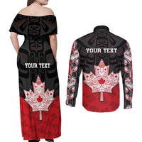 Personalised Canada Maple Leaf Couples Matching Off Shoulder Maxi Dress and Long Sleeve Button Shirt Haida Totem Inspired Art