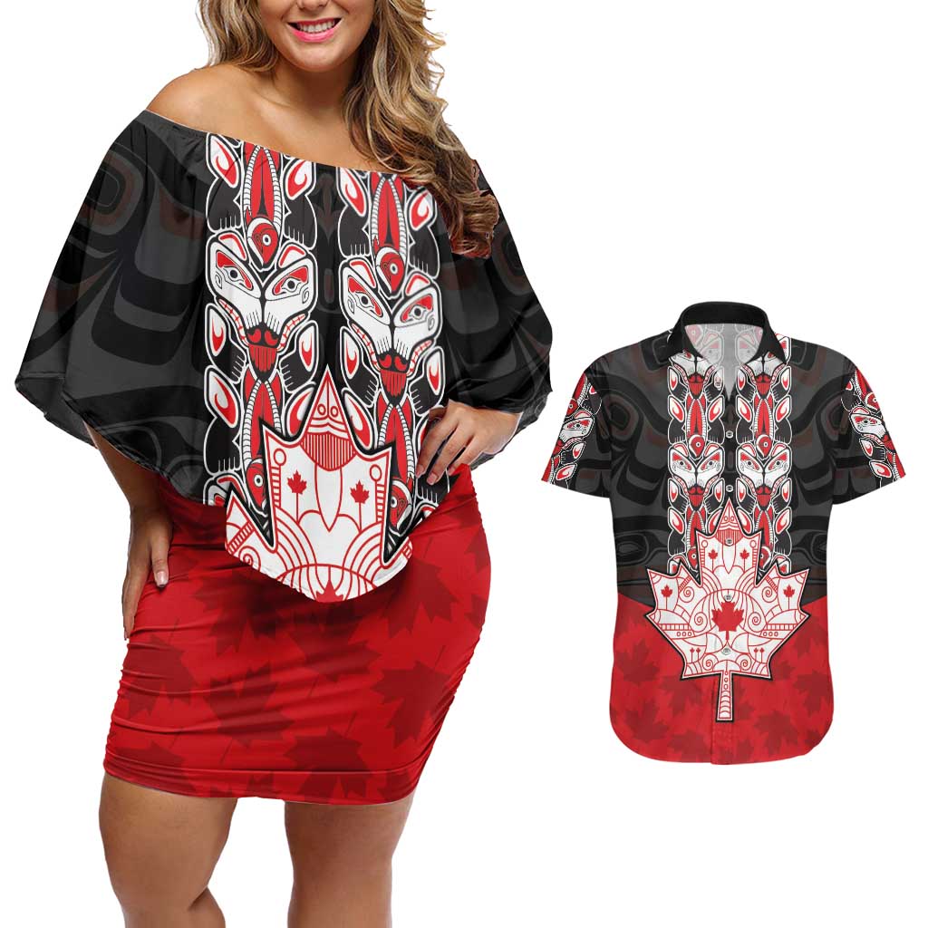Personalised Canada Maple Leaf Couples Matching Off Shoulder Short Dress and Hawaiian Shirt Haida Totem Inspired Art