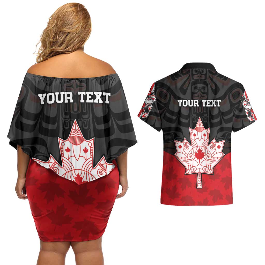 Personalised Canada Maple Leaf Couples Matching Off Shoulder Short Dress and Hawaiian Shirt Haida Totem Inspired Art