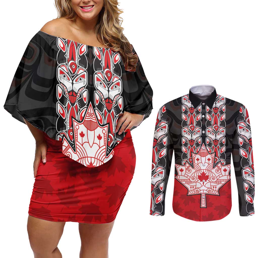Personalised Canada Maple Leaf Couples Matching Off Shoulder Short Dress and Long Sleeve Button Shirt Haida Totem Inspired Art