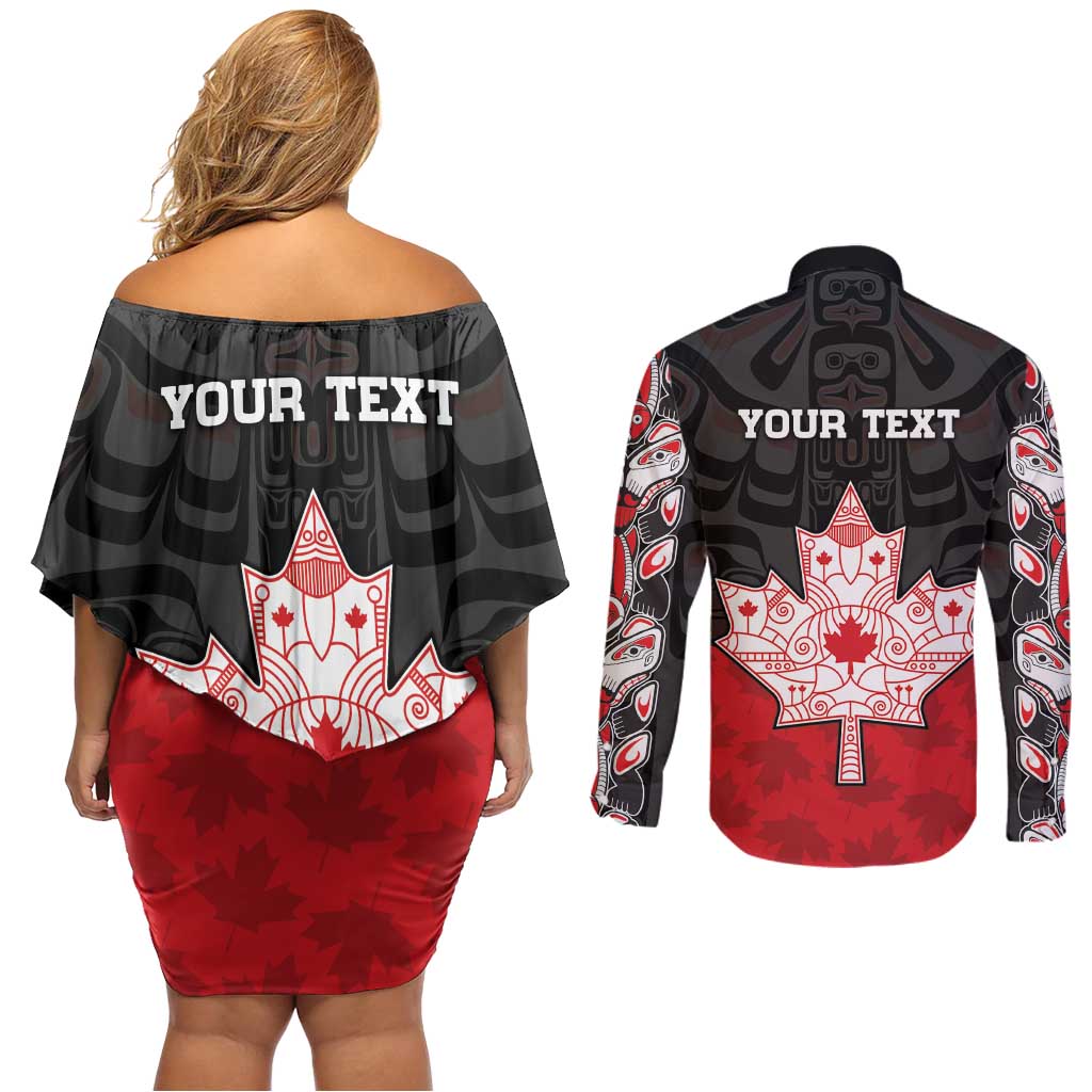 Personalised Canada Maple Leaf Couples Matching Off Shoulder Short Dress and Long Sleeve Button Shirt Haida Totem Inspired Art