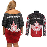 Personalised Canada Maple Leaf Couples Matching Off Shoulder Short Dress and Long Sleeve Button Shirt Haida Totem Inspired Art