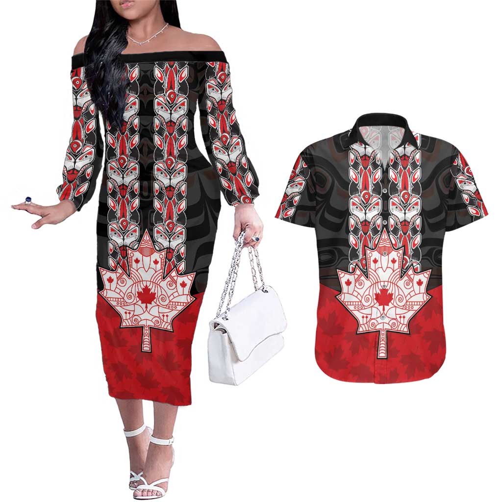 Personalised Canada Maple Leaf Couples Matching Off The Shoulder Long Sleeve Dress and Hawaiian Shirt Haida Totem Inspired Art