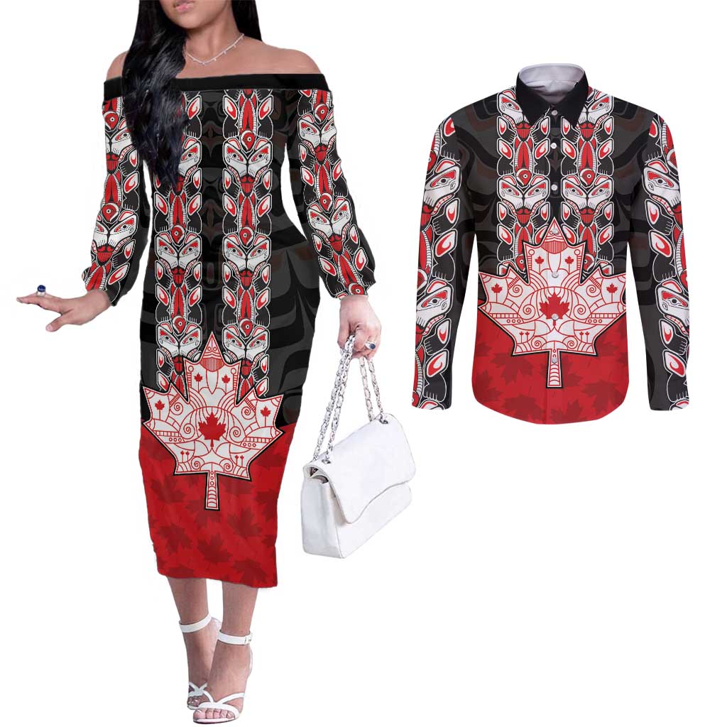 Personalised Canada Maple Leaf Couples Matching Off The Shoulder Long Sleeve Dress and Long Sleeve Button Shirt Haida Totem Inspired Art